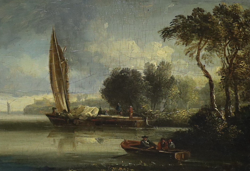 Attributed to William Sadler (1782-1839), oil on wooden panel, Boatmen on a river, Bregazzi label verso, 16 x 23cm